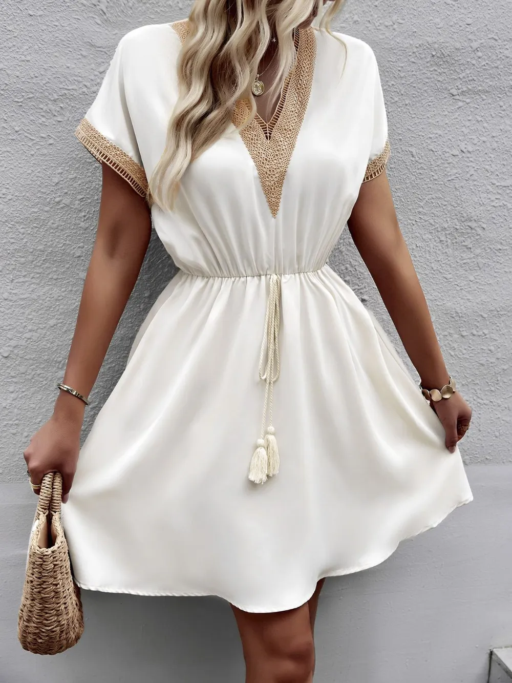 Contrast Trim V-Neck Short Sleeve Mini Dress, image 16