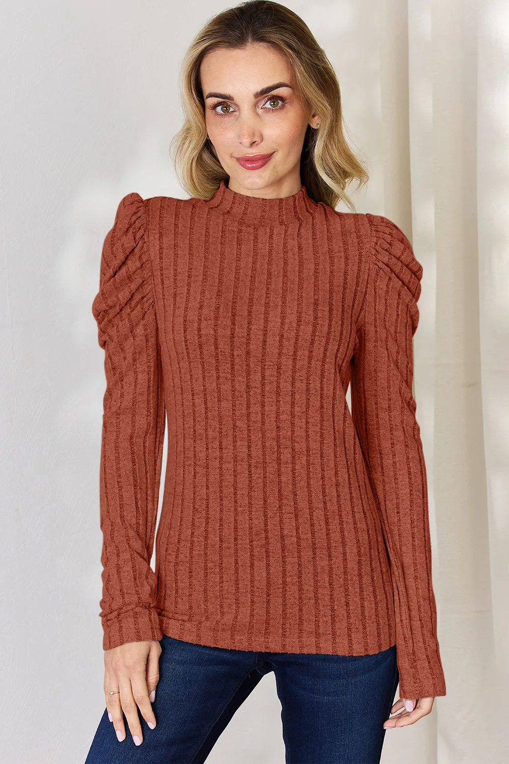 Full Size Ribbed Mock Neck Puff Sleeve T-Shirt, image 21