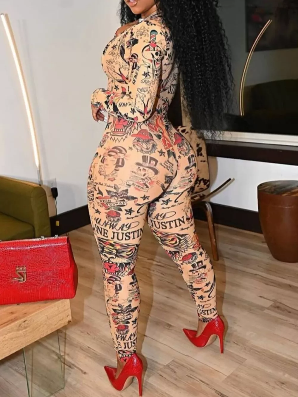 Printed Zip Front Long Sleeve Jumpsuit, image 4