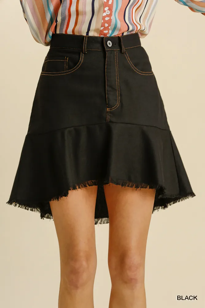 Linen Blend 5 Pockets High Low Skirt with Frayed Hem