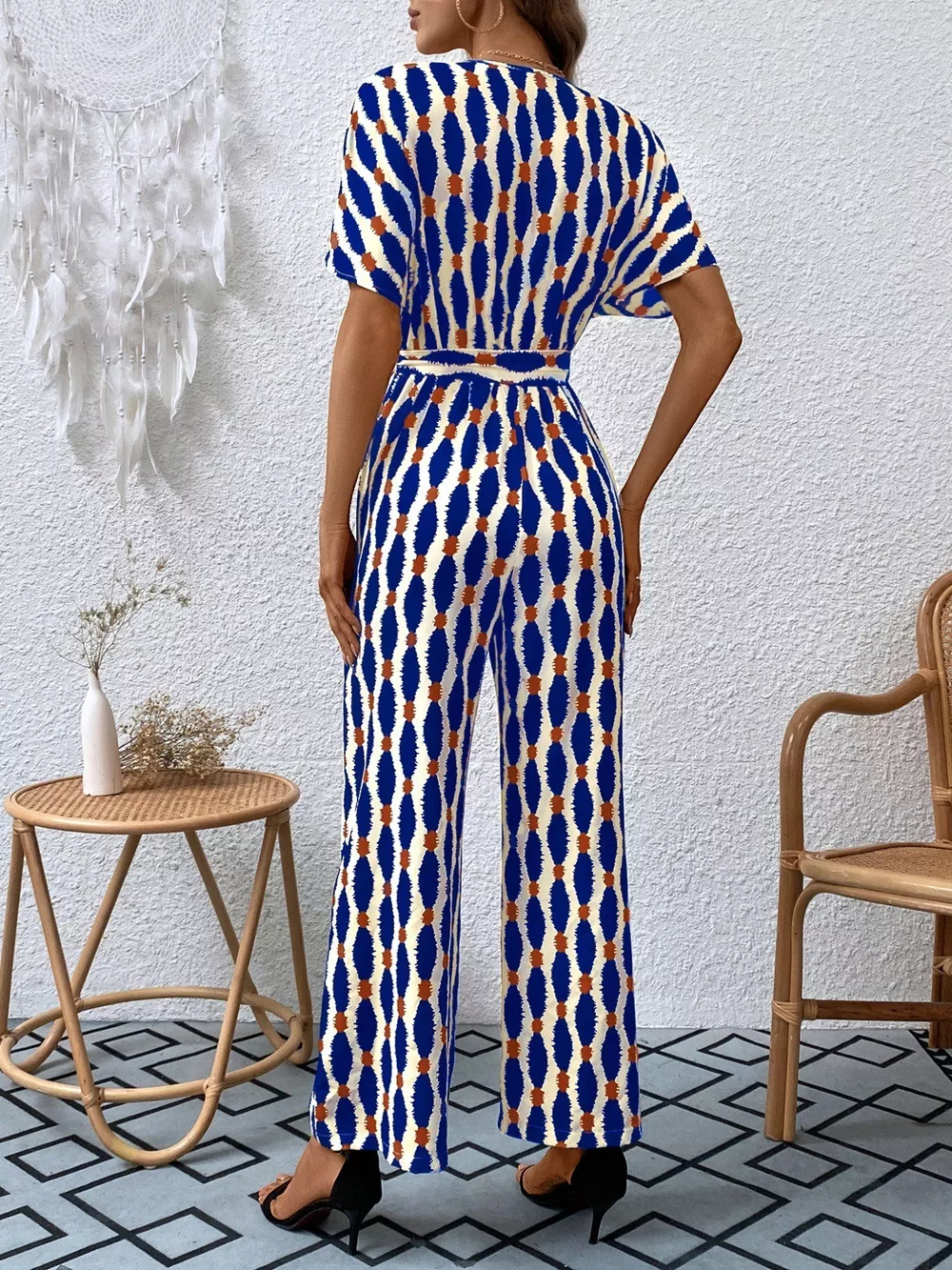 Printed Surplice Tie Waist Short Sleeve Jumpsuit, image 15