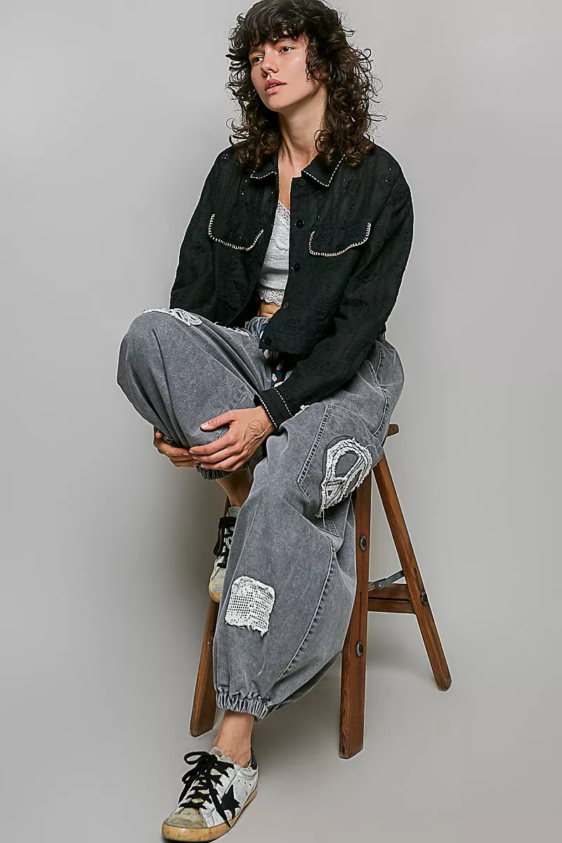 POL Cropped Button-Front Eyelet Cotton Jacket, image 6