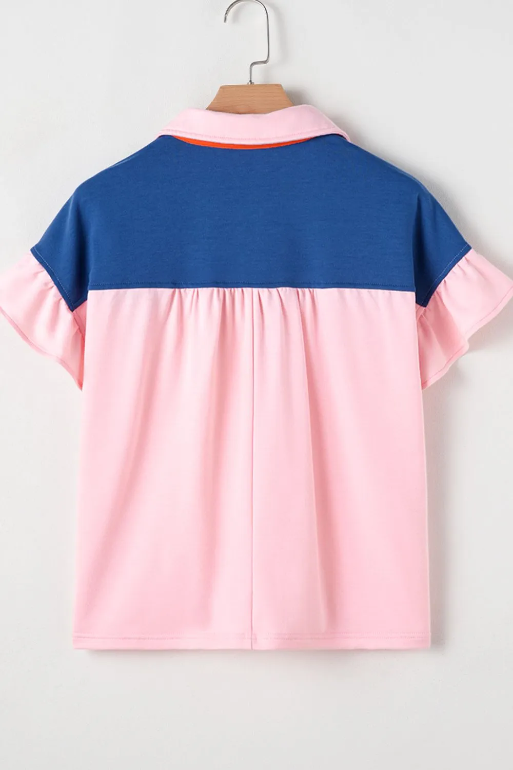 Color Block Half Buttoned Ruffled Short Sleeve T Shirt, image 7