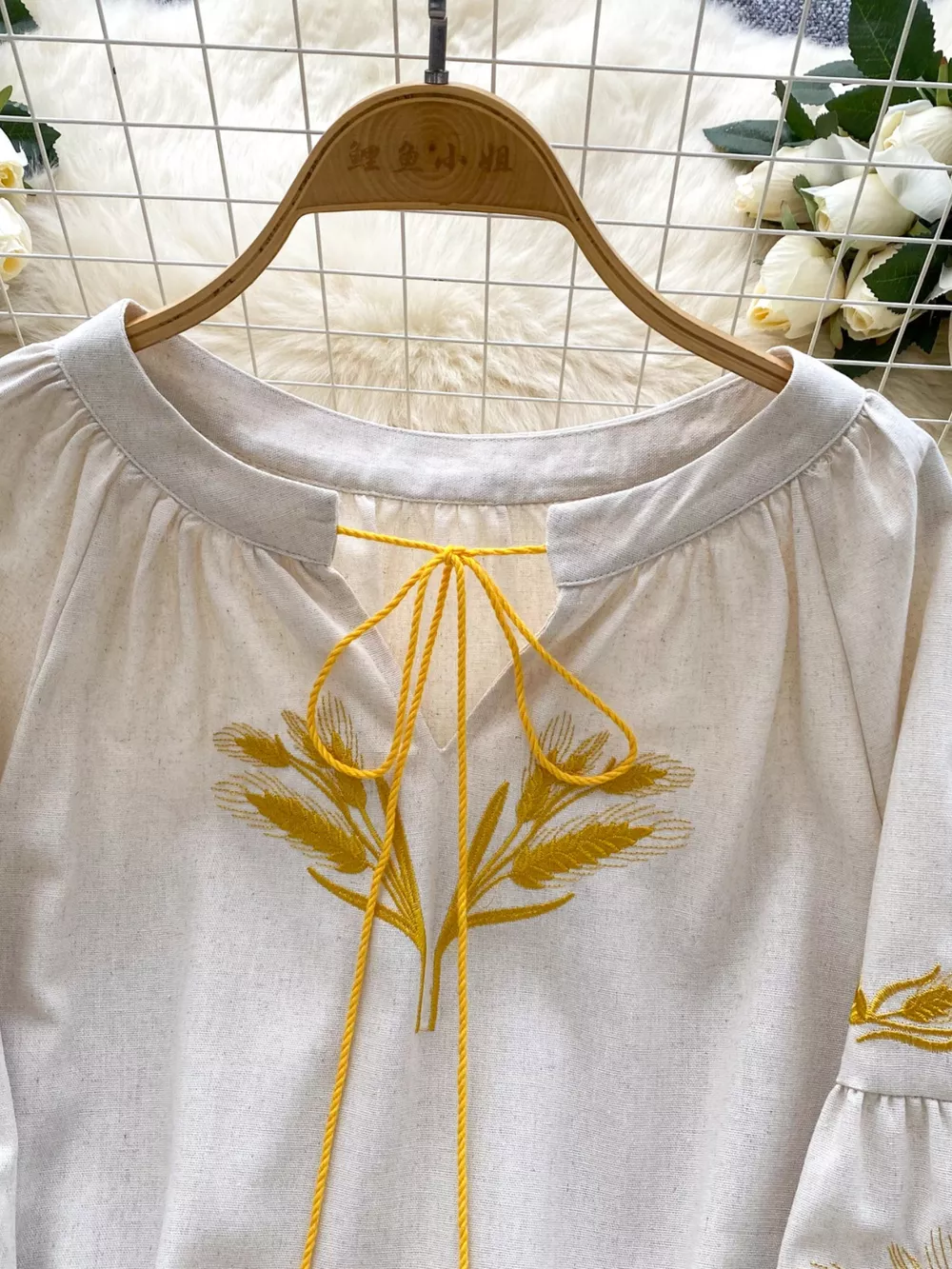 Embroidered Wheat Pattern Tie Neck Blouse, image 2
