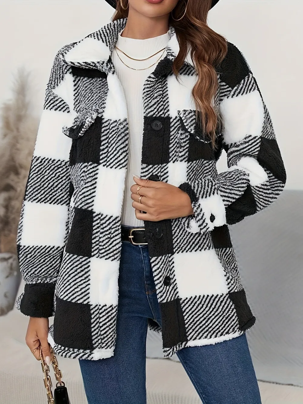 Plaid Button Up Long Sleeve Fuzzy Outerwear, image 5