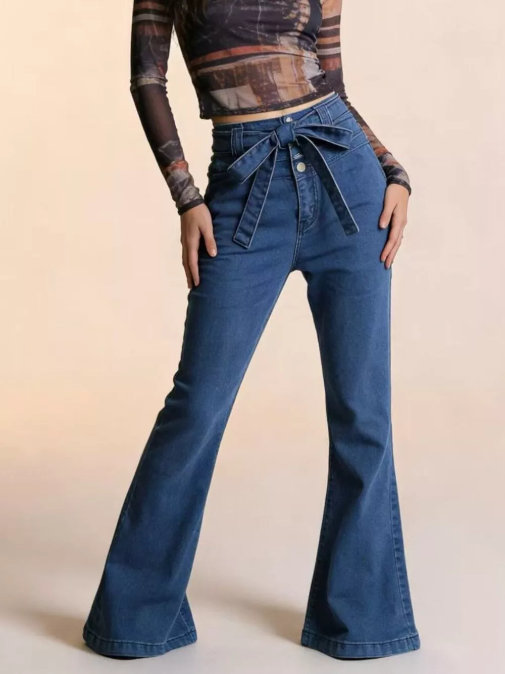 Bow-Tie High-Waisted Flare Jeans, image 3