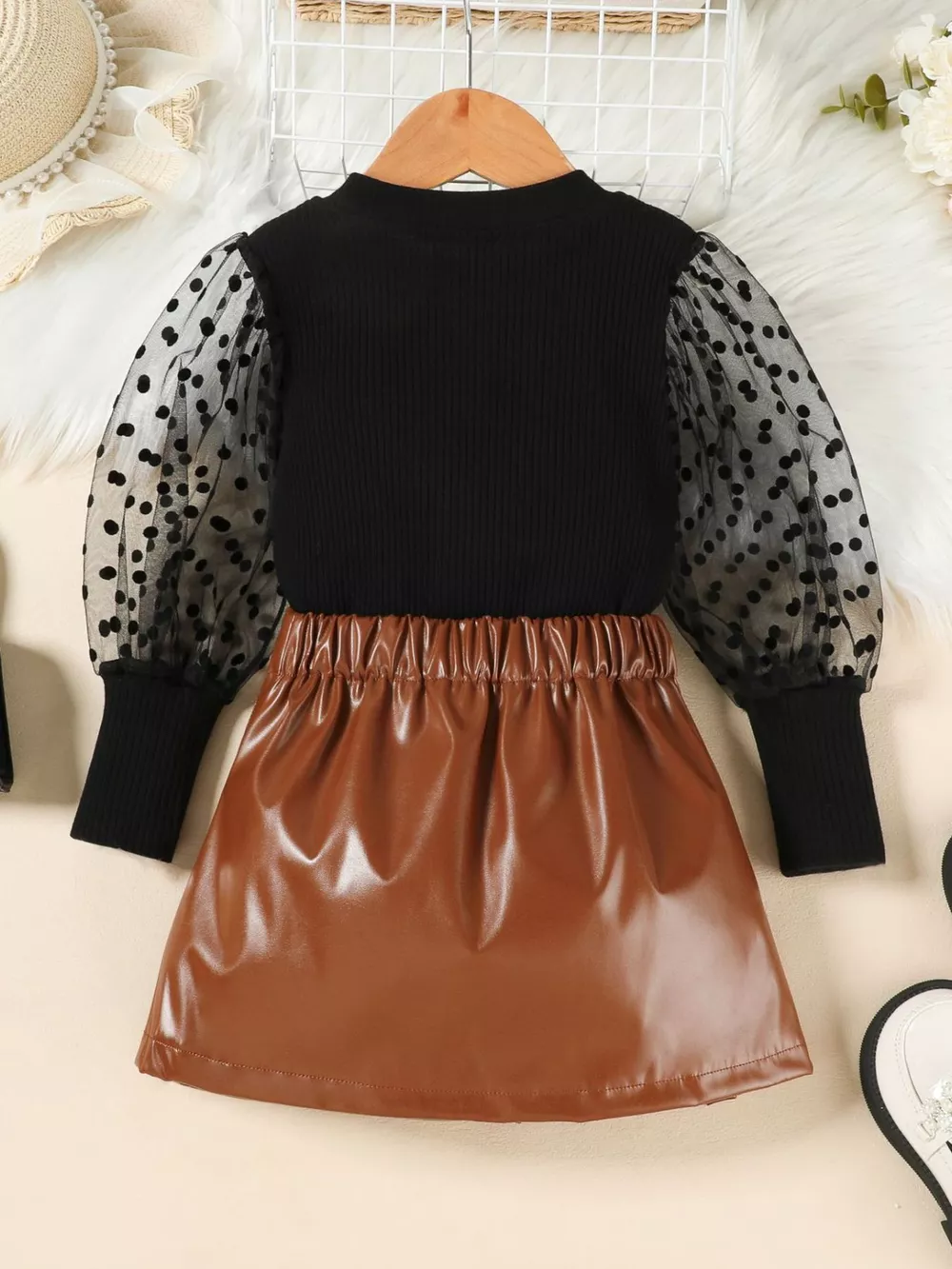 Children's Polka Dot Sleeve Top & Faux Leather Skirt Set, image 6
