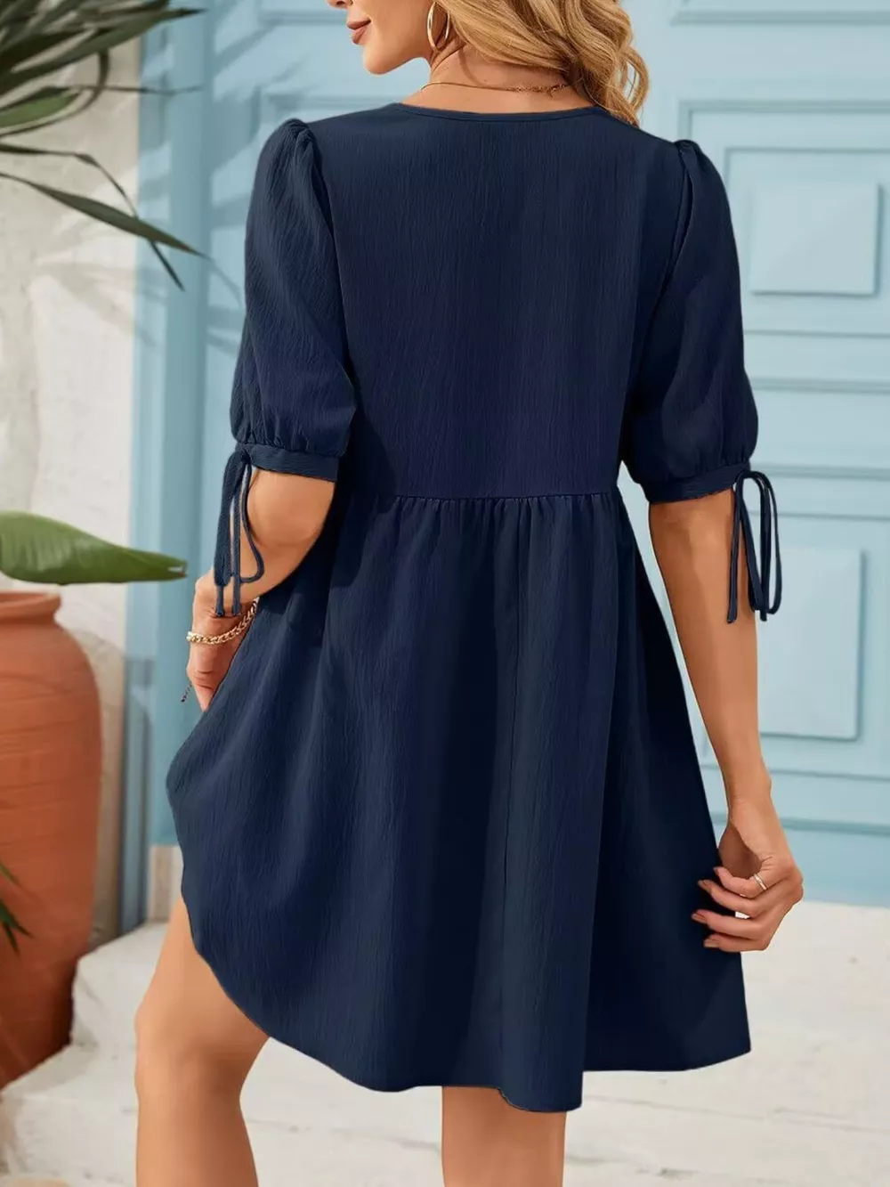 Tie-Neck Puff Sleeve A-Line Mini Dress, image 18