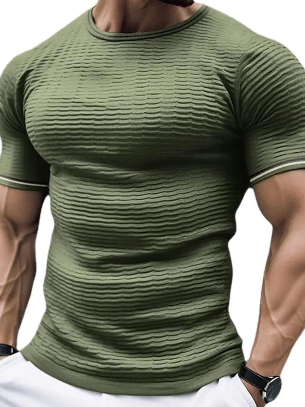 Men's Plus Size Texture Round Neck Contrast Trim T-Shirt, image 2