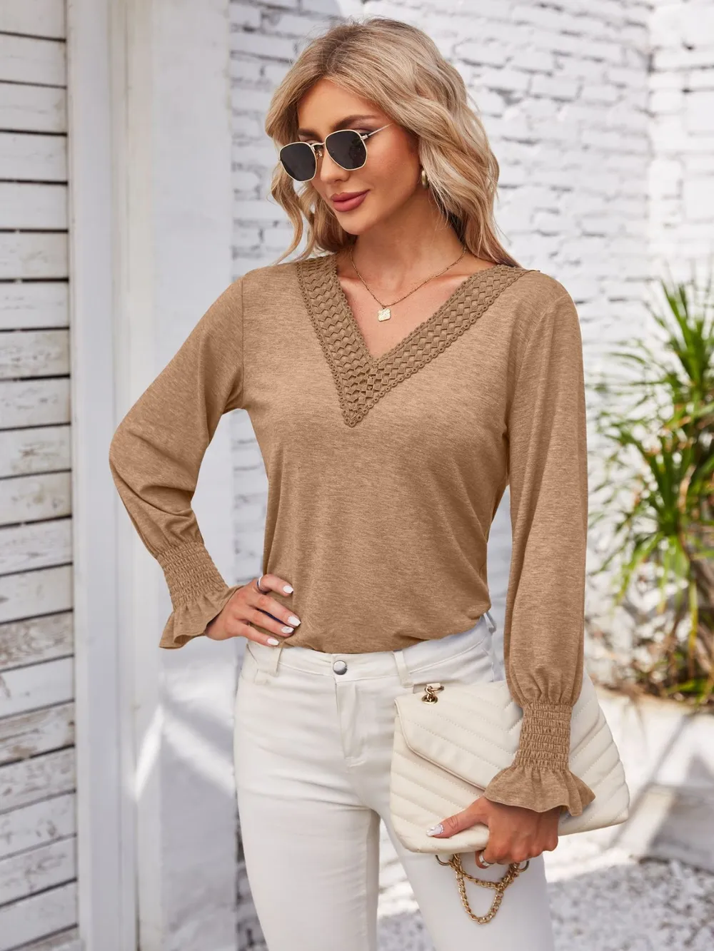 Smocked V-Neck Long Sleeve Blouse, image 17