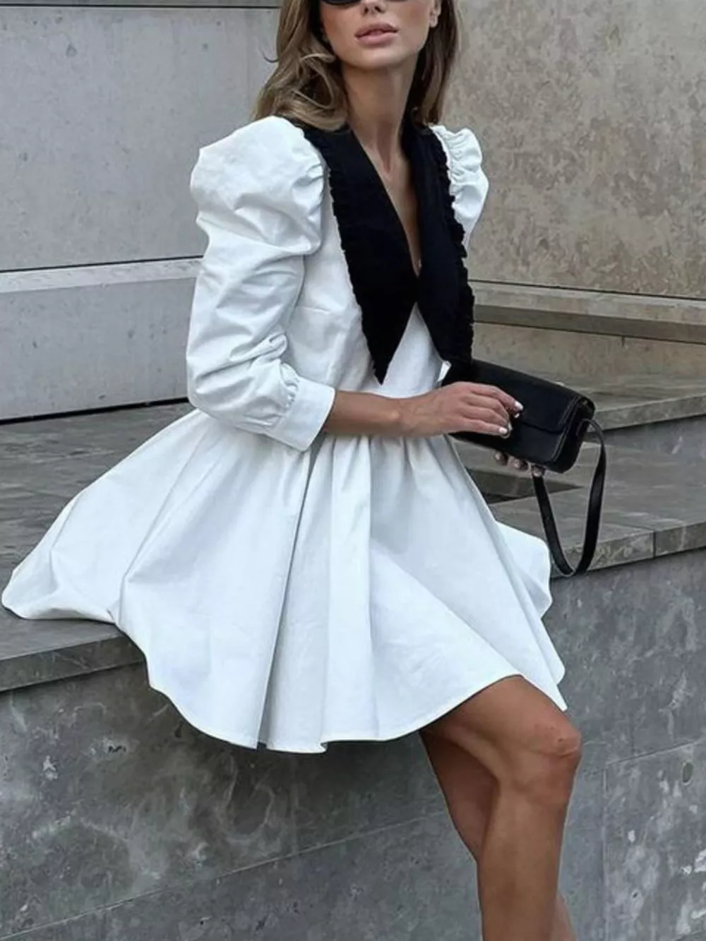 Puff Sleeve Contrast Collar Dress, image 12