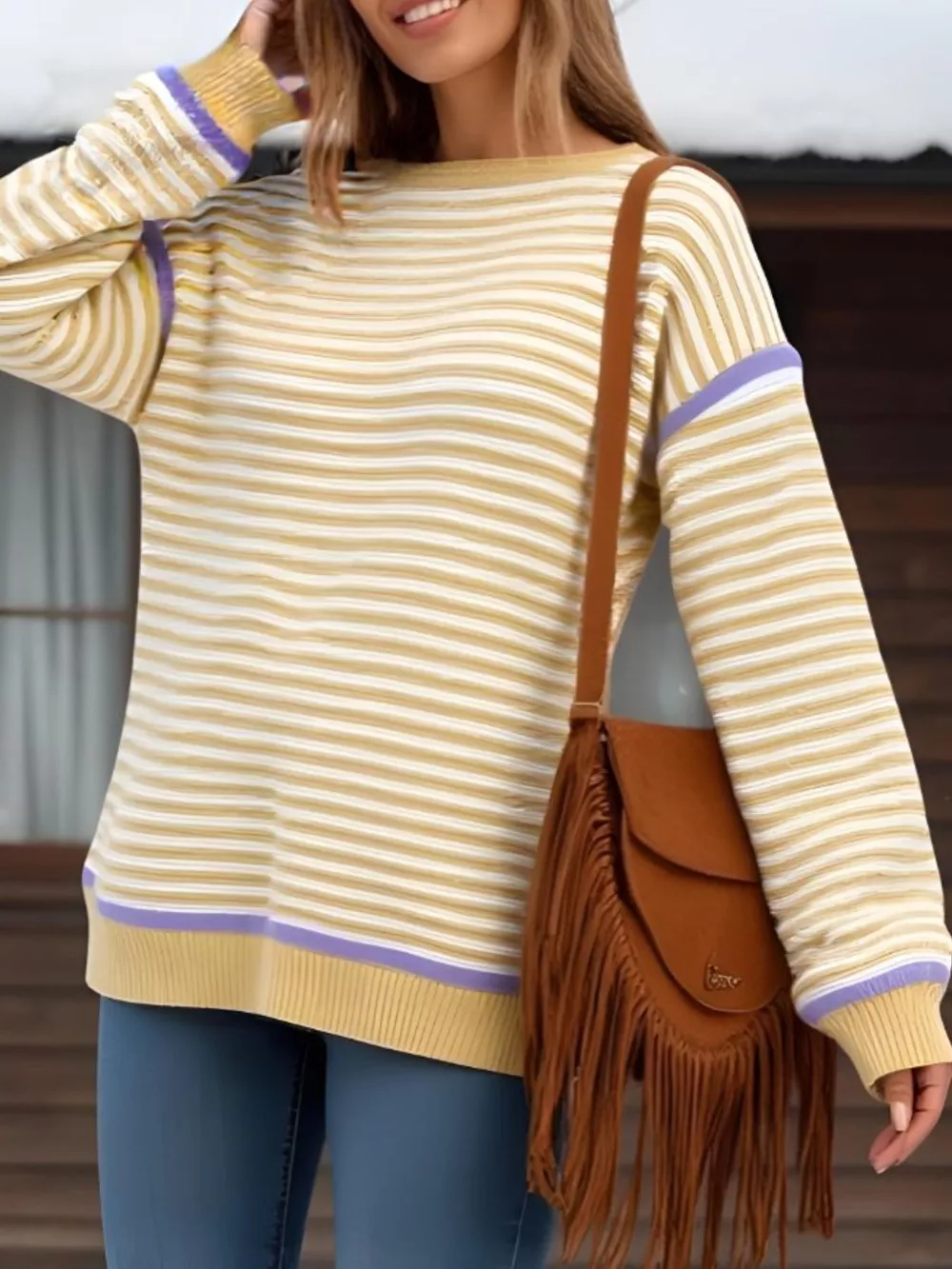 Striped Round Neck Long Sleeve Sweater, image 11