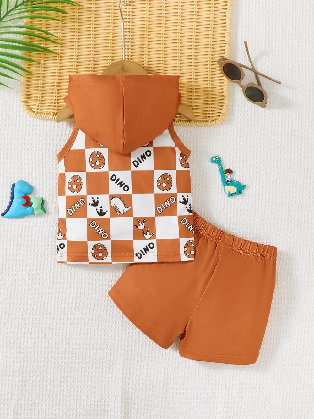 Children's Dinosaur Checkered Sleeveless Hooded Top and Shorts Set, image 3