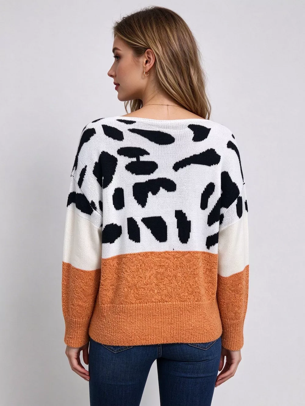 Full Size Off-Shoulder Colorblock Animal Print Sweater Plus Size, image 4
