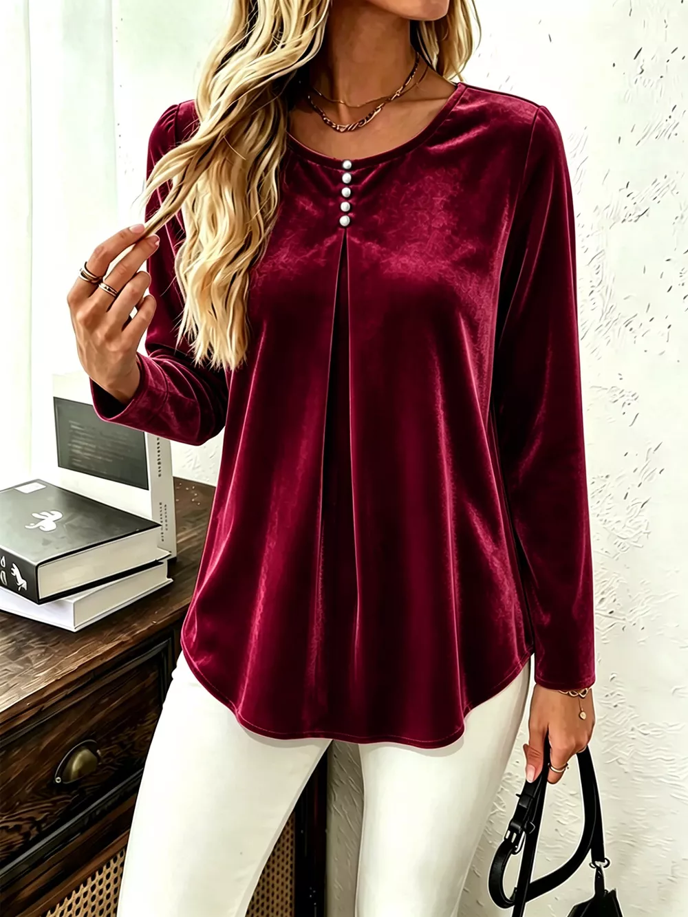 Velvet Long Sleeve Ruched Top, image 9