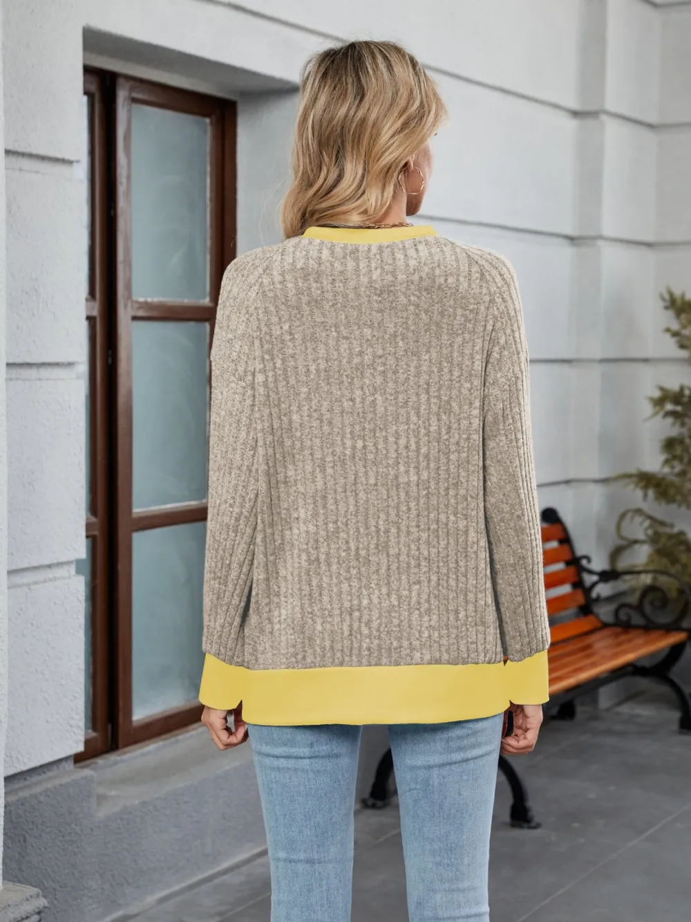 Contrast Trim Round Neck Long Sleeve T-Shirt, image 9