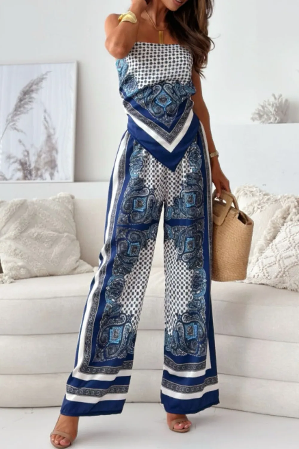 Printed Cami and Wide Leg Pants Set