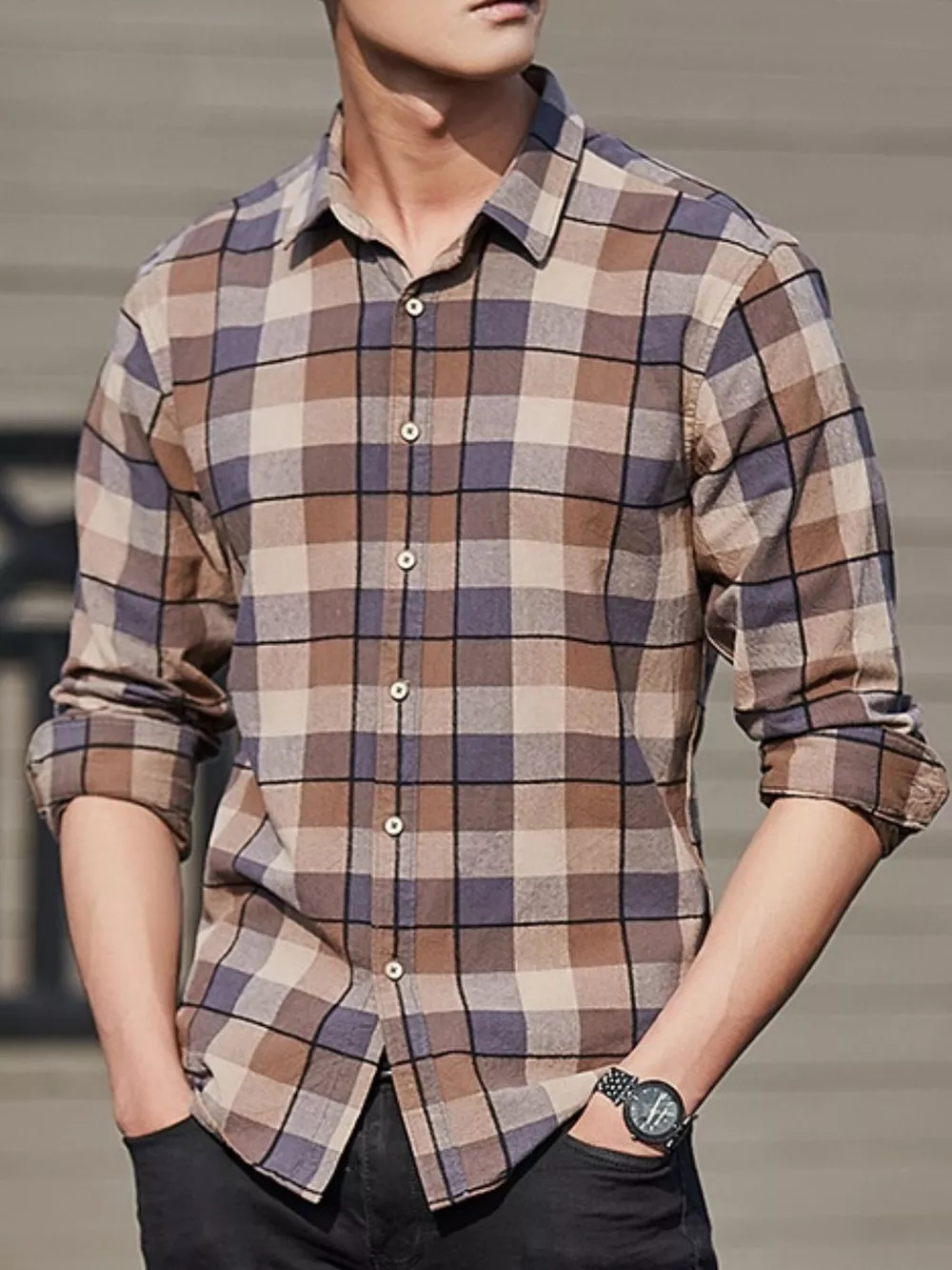 Men's Full Size Casual Plaid Long Sleeve Shirt Plus Size, image 2