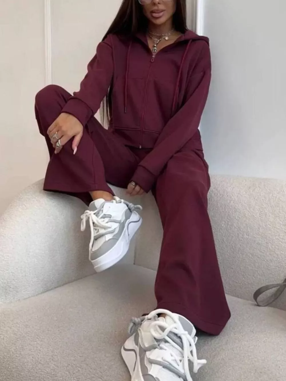 Zip-Up Hoodie and Wide-Leg Pants Set, image 11