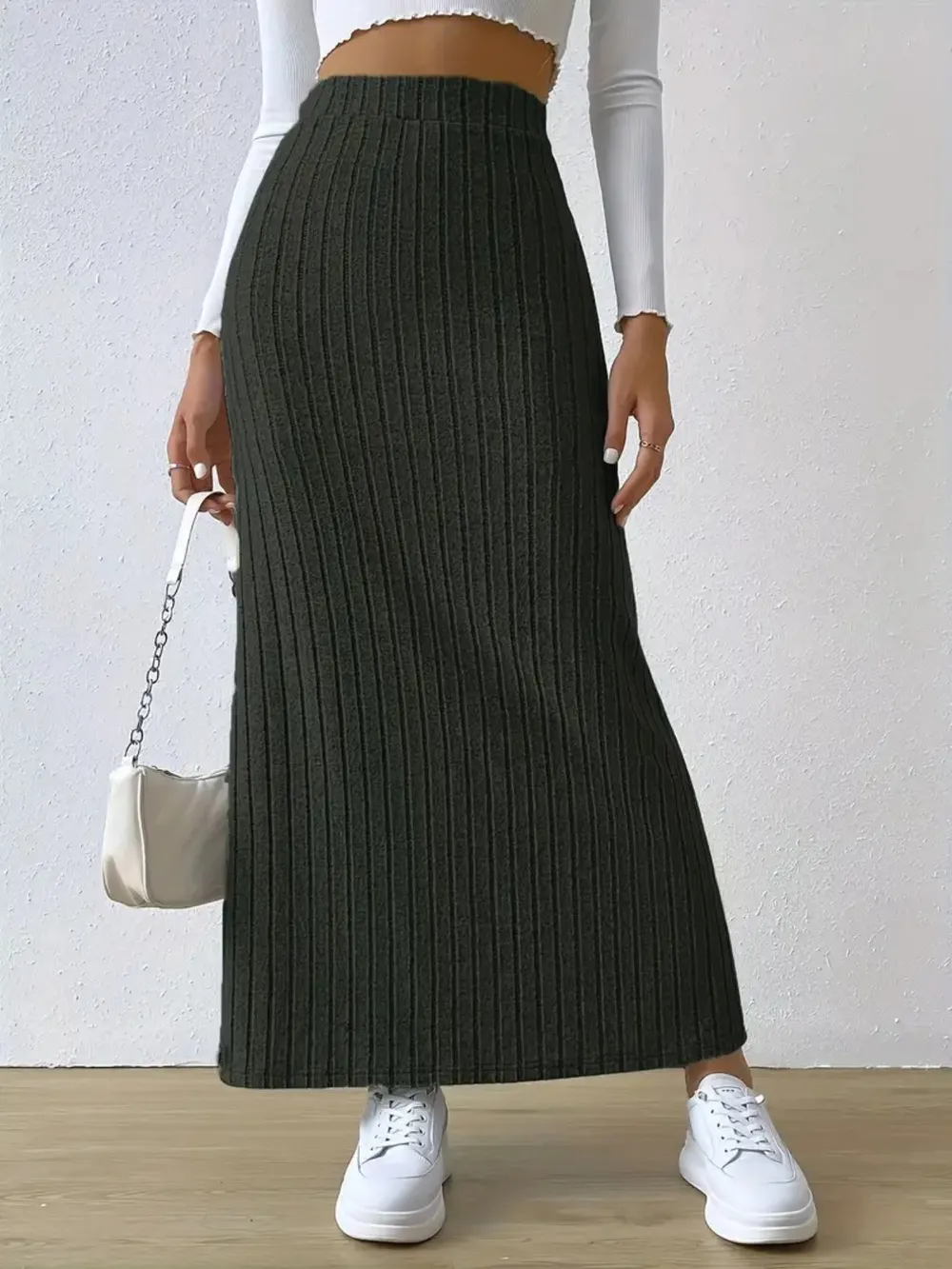High Waist Ribbed Knit Maxi Skirt, image 10
