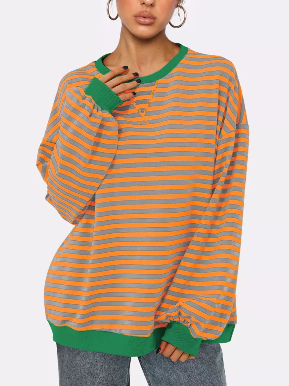 Striped Round Neck Long Sleeve Sweatshirt, image 8