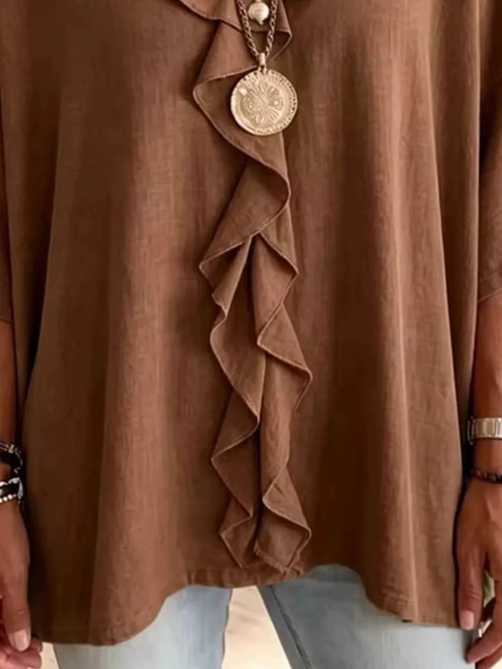 Full Size Ruffled V-Neck 3/4 Sleeve Blouse Plus Size, image 15
