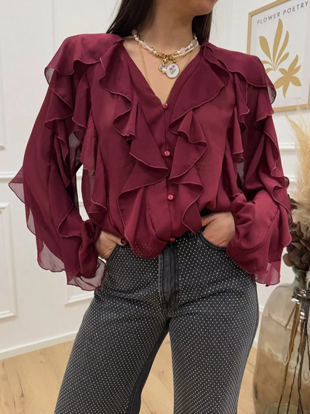 Ruffled Sheer Long Sleeve Blouse, image 22