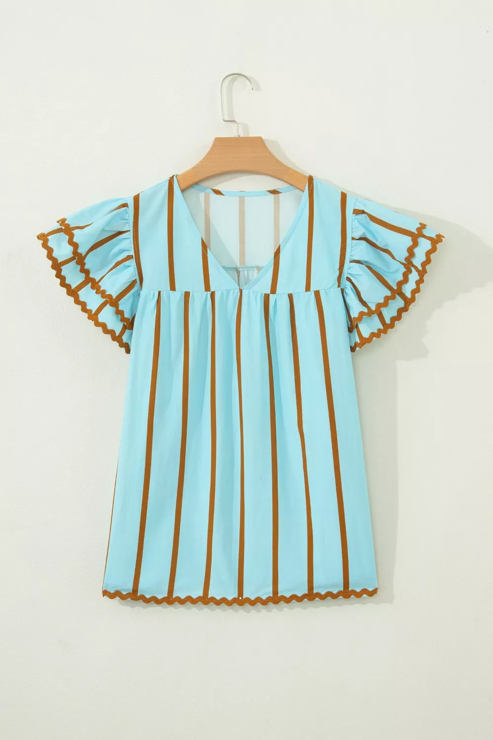 Stripe Ricrac Trim Double Ruffled Short Sleeve V Neck Blouse, image 4