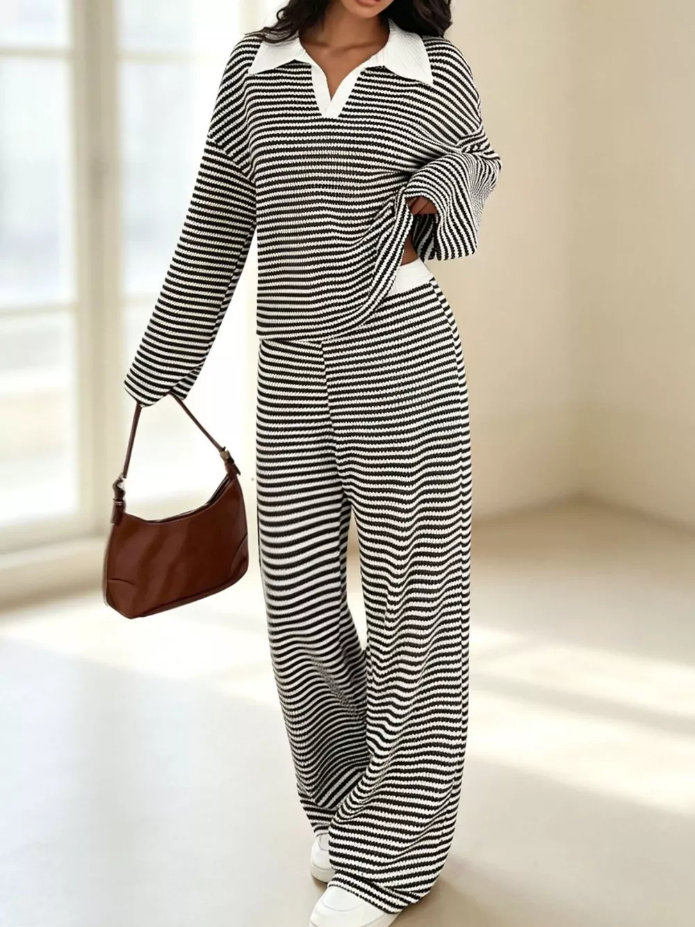 Striped Long Sleeve Polo and Wide-Leg Pants Set, image 8