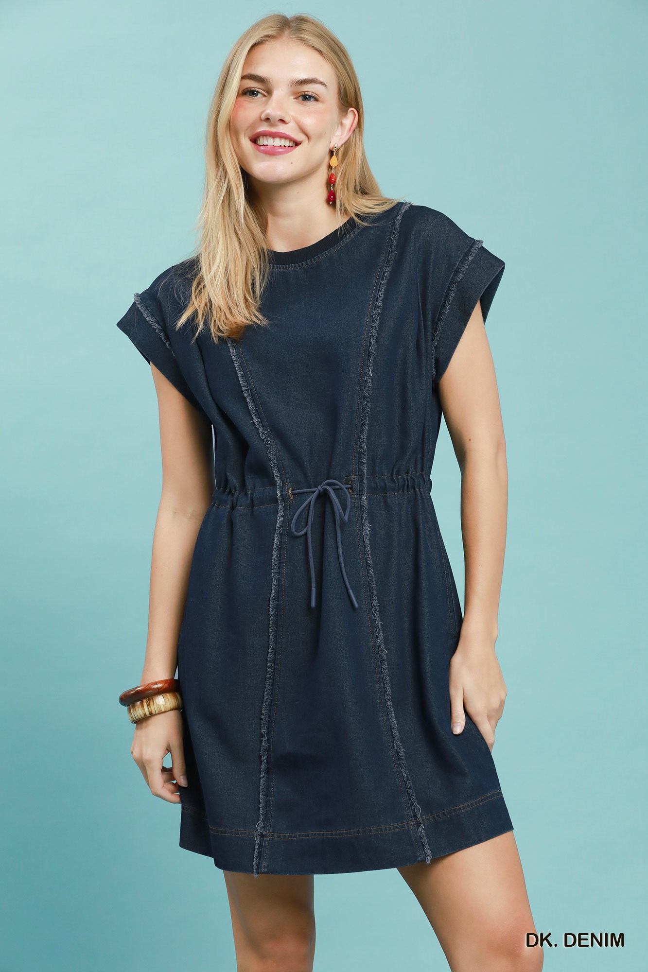 Drawstring Waist Frayed Denim Mini Dress