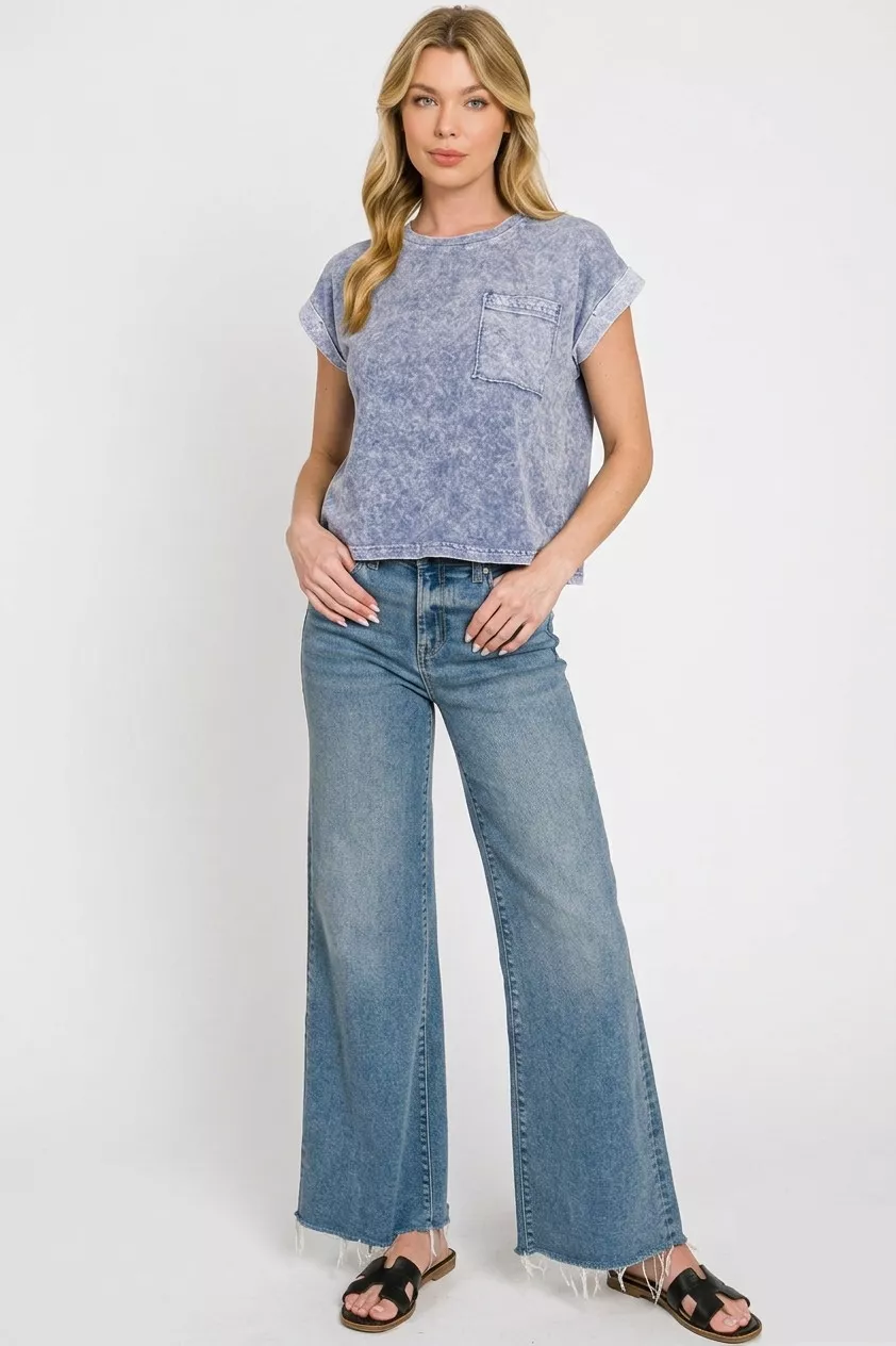 Halo Snow Washed Cotton Cuffed Short Sleeve Top, image 3