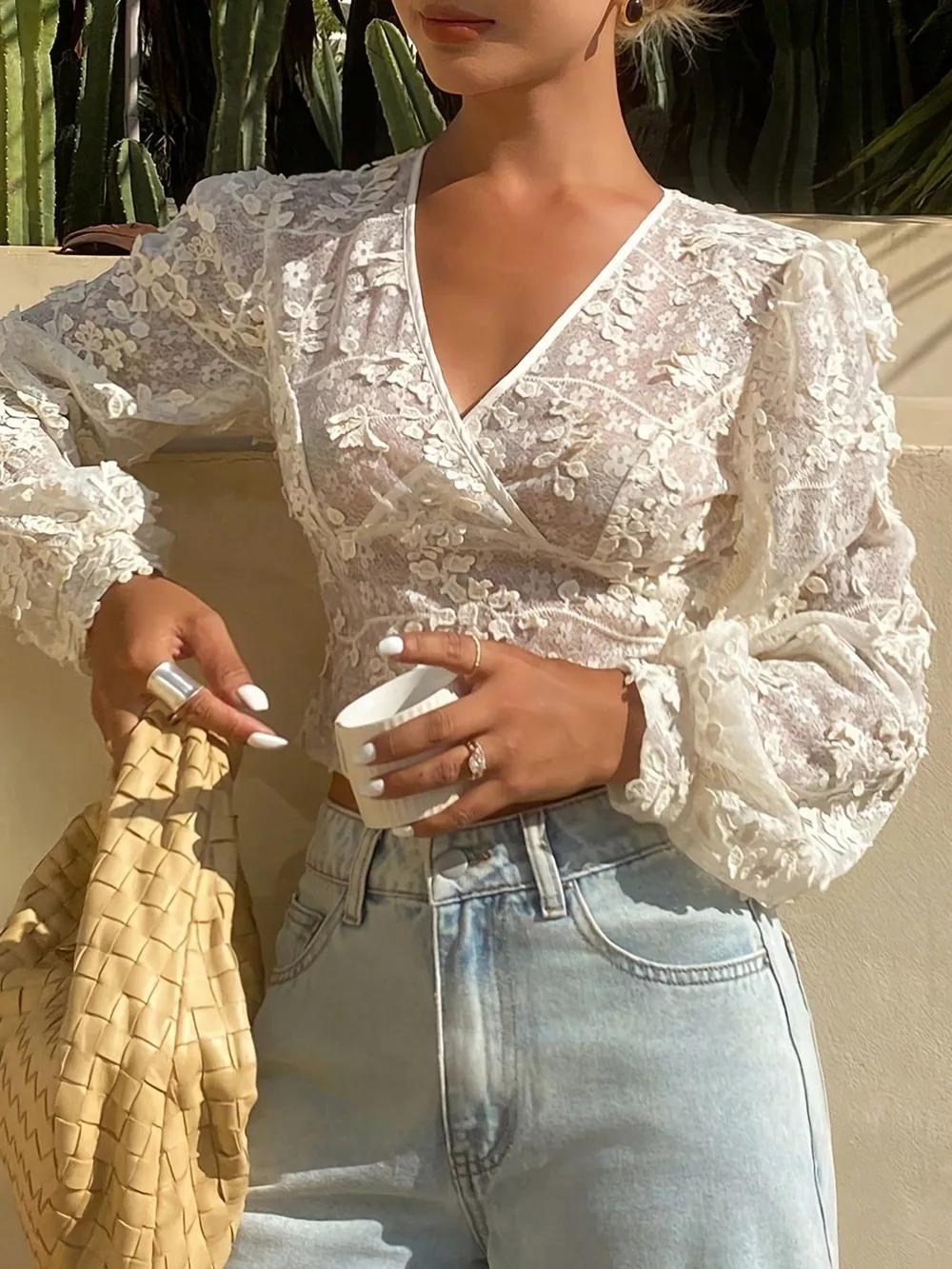 Lace Sheer Long Sleeve Wrap Blouse, image 4
