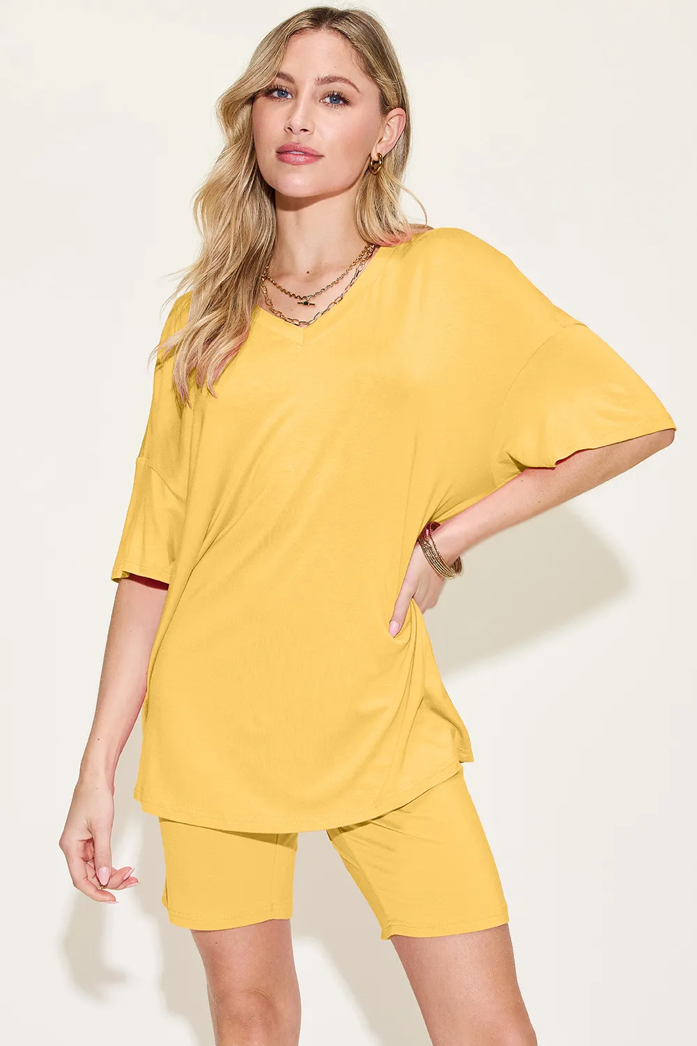 Bamboo Full Size V-Neck Drop Shoulder T-Shirt and Shorts Set, image 24