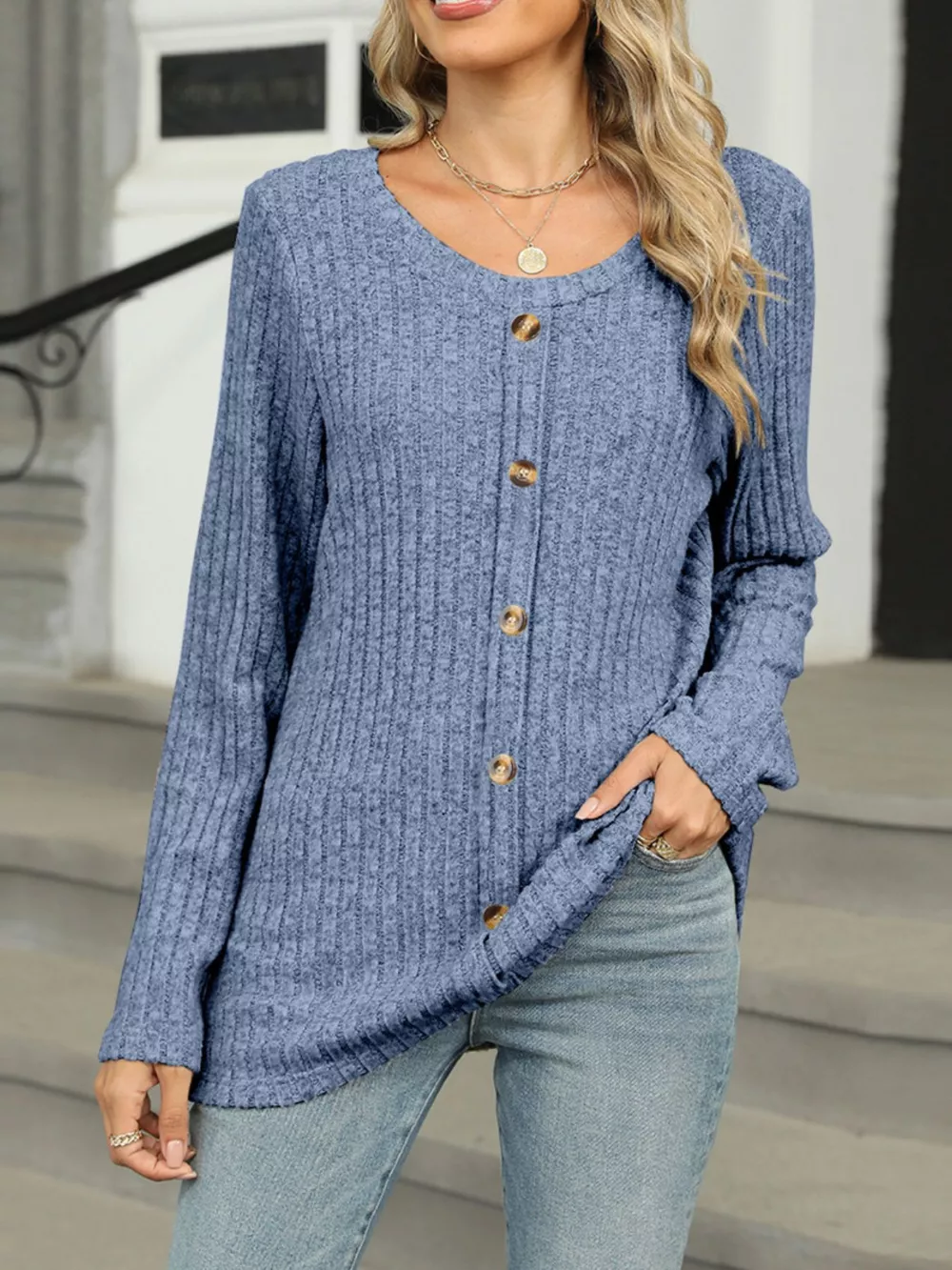 Ribbed Round Neck Long Sleeve Top, image 2
