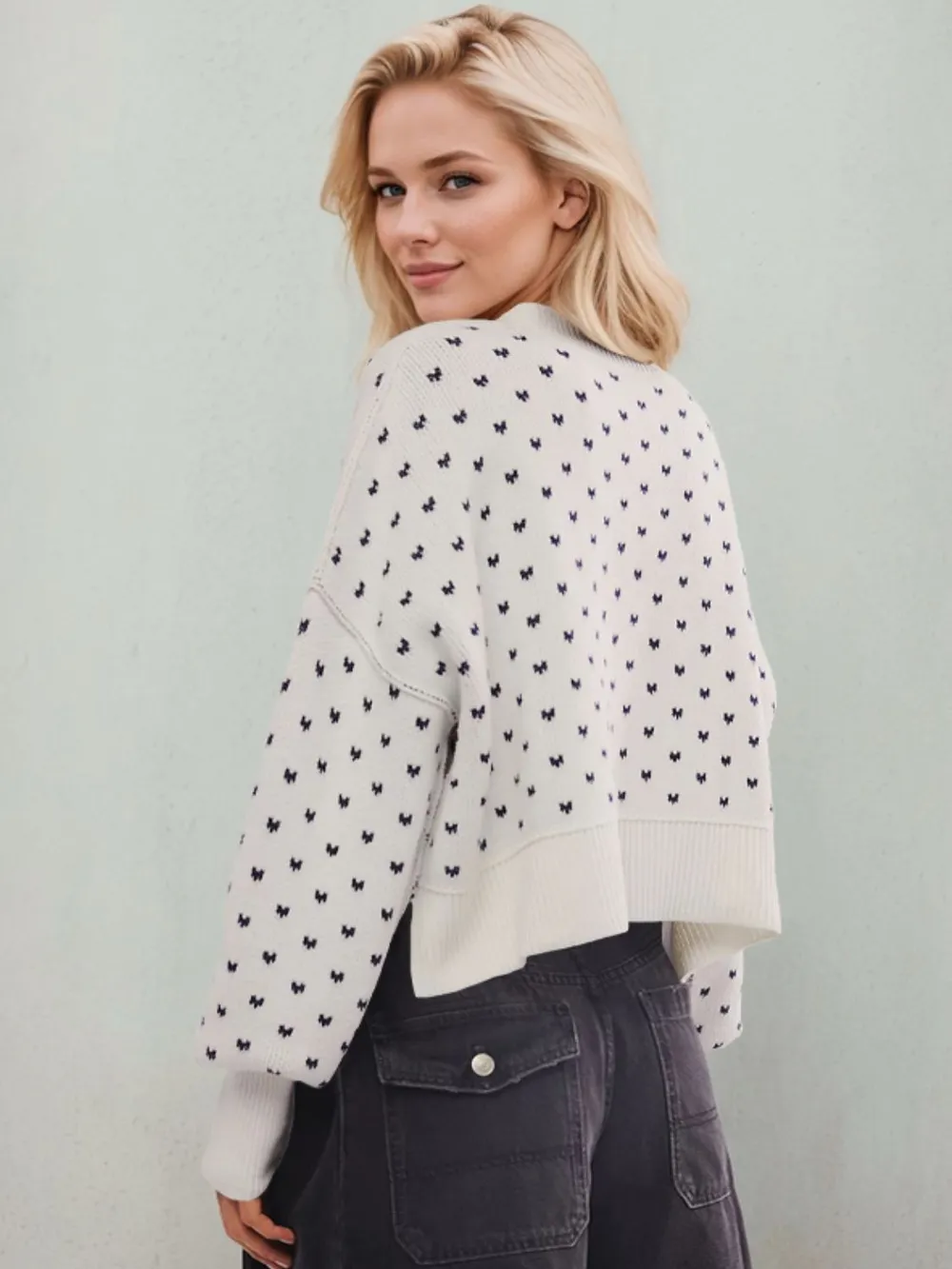 Slit Round Neck Long Sleeve Sweater, image 8