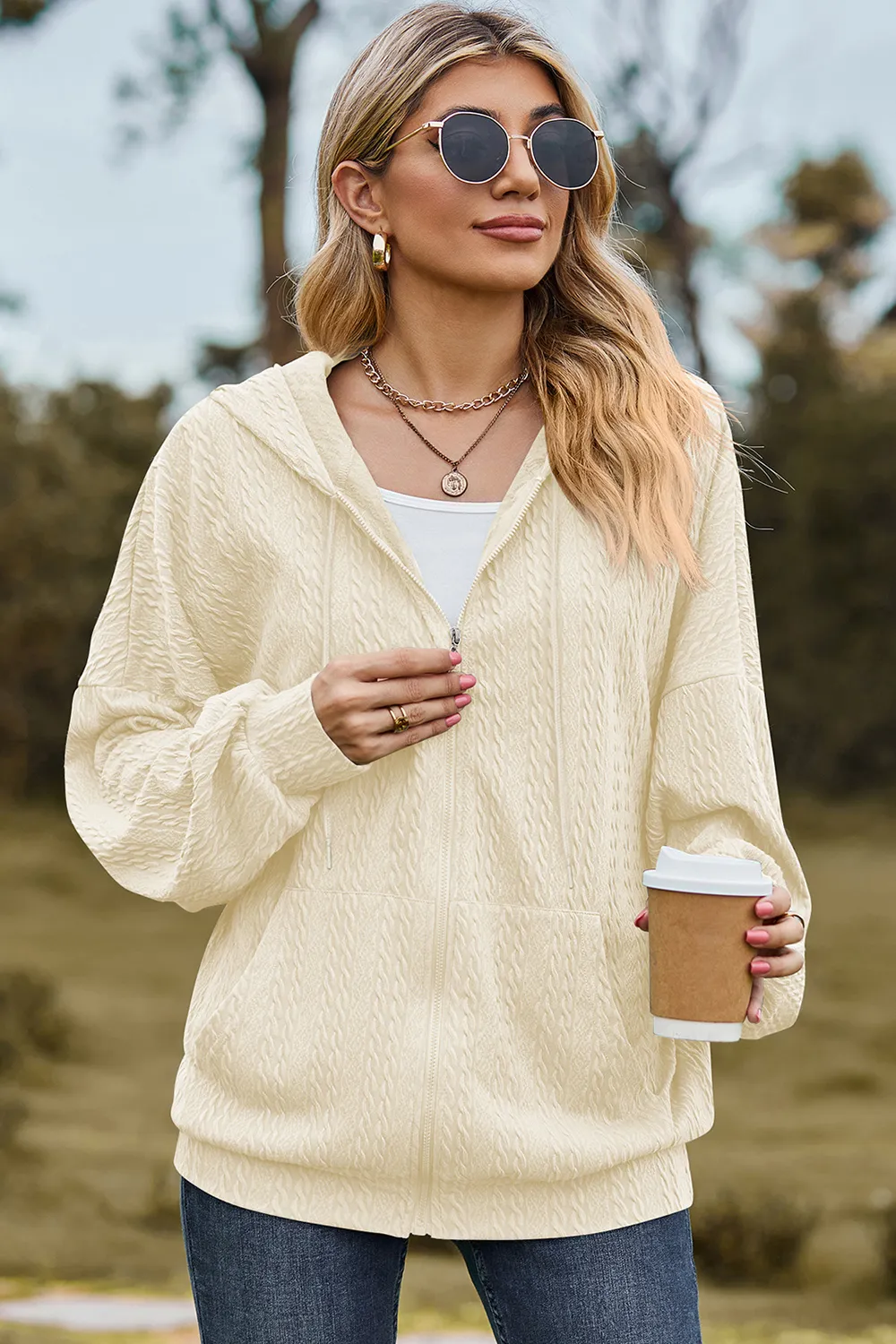Drawstring Zip Up Dropped Shoulder Hoodie, image 30