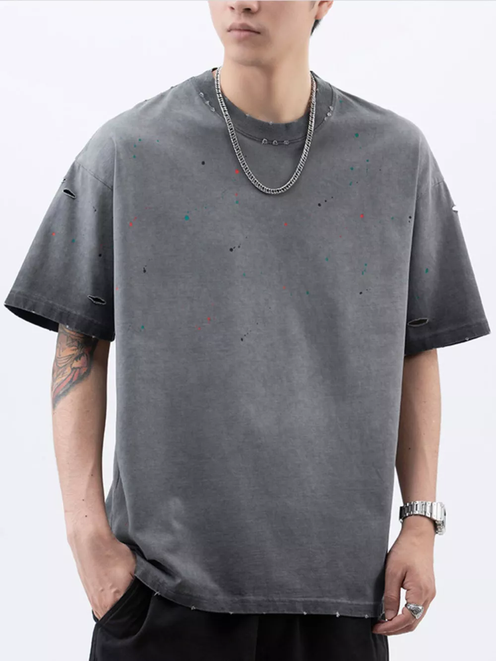 Men's Plus Size Distressed Round Neck Short Sleeve T-Shirt, image 10