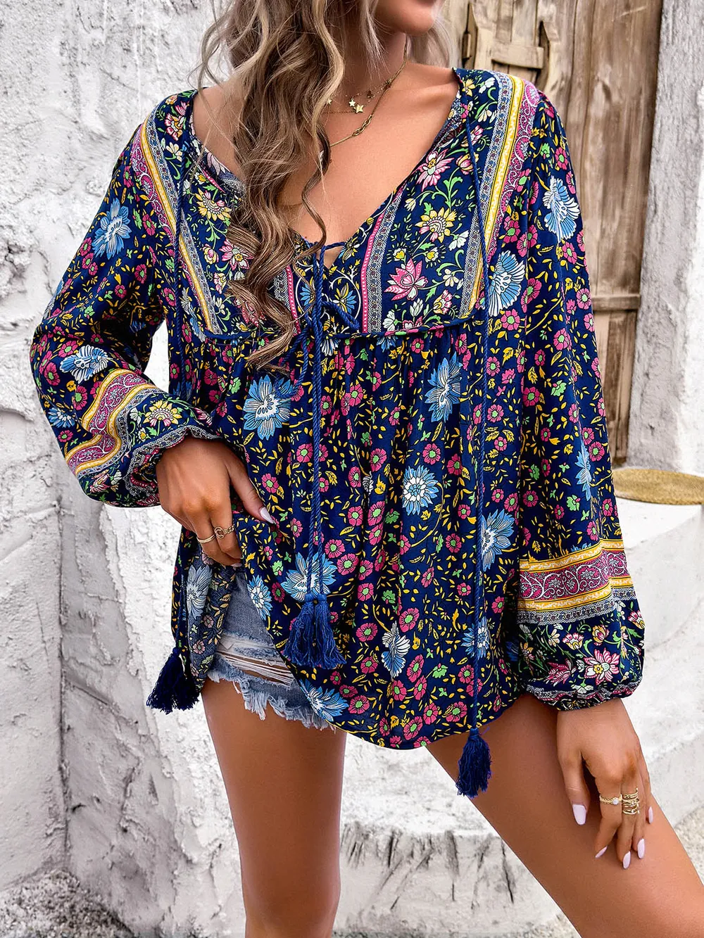 Printed Tie Neck Long Sleeve Blouse, image 4