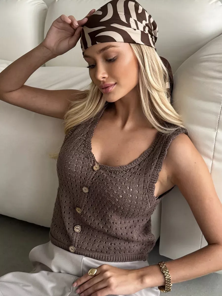 Crochet Decor Button Eyelet Knit Vest, image 10