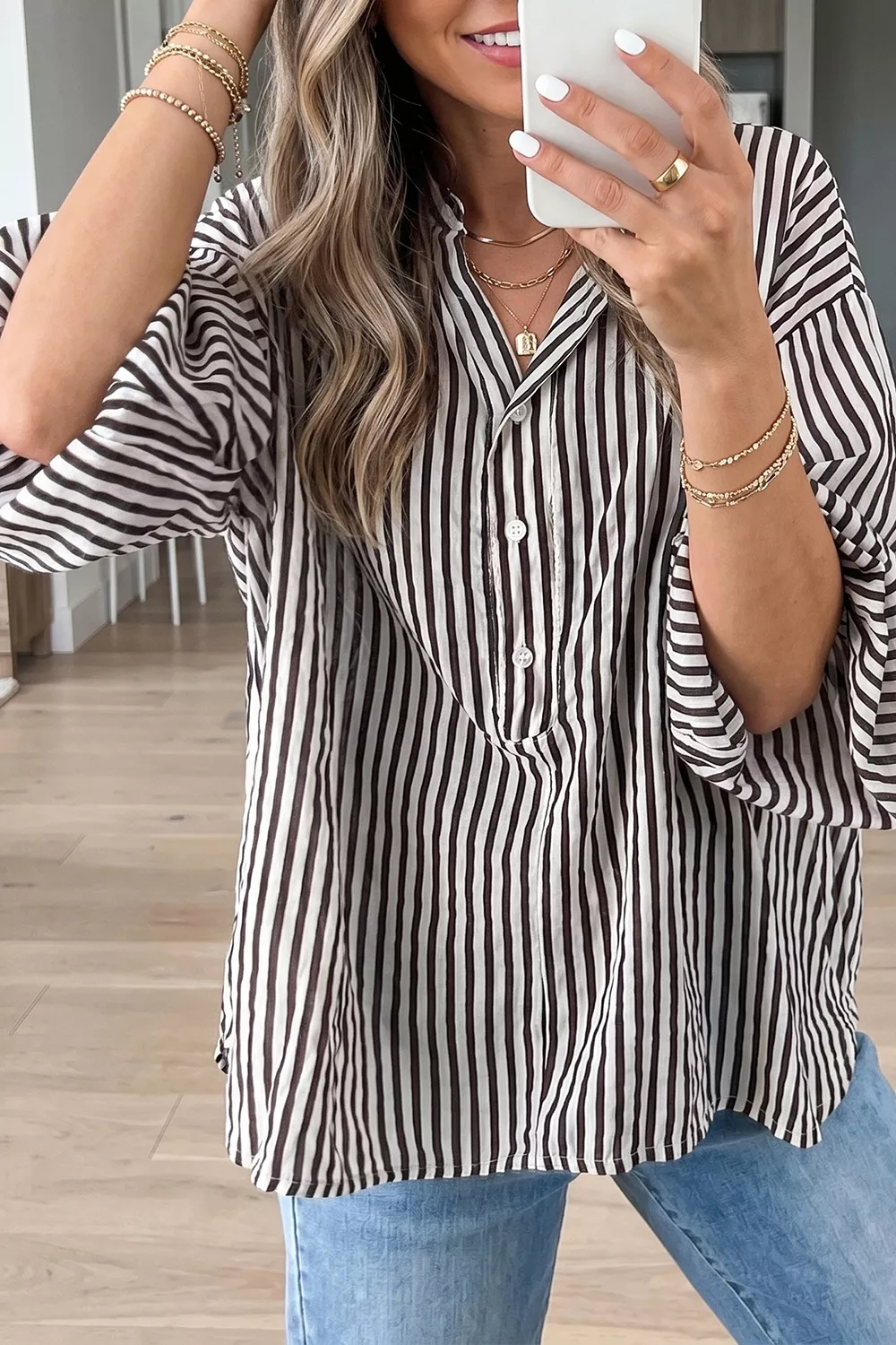 Striped Half Sleeve Button-Up Shirt, image 3