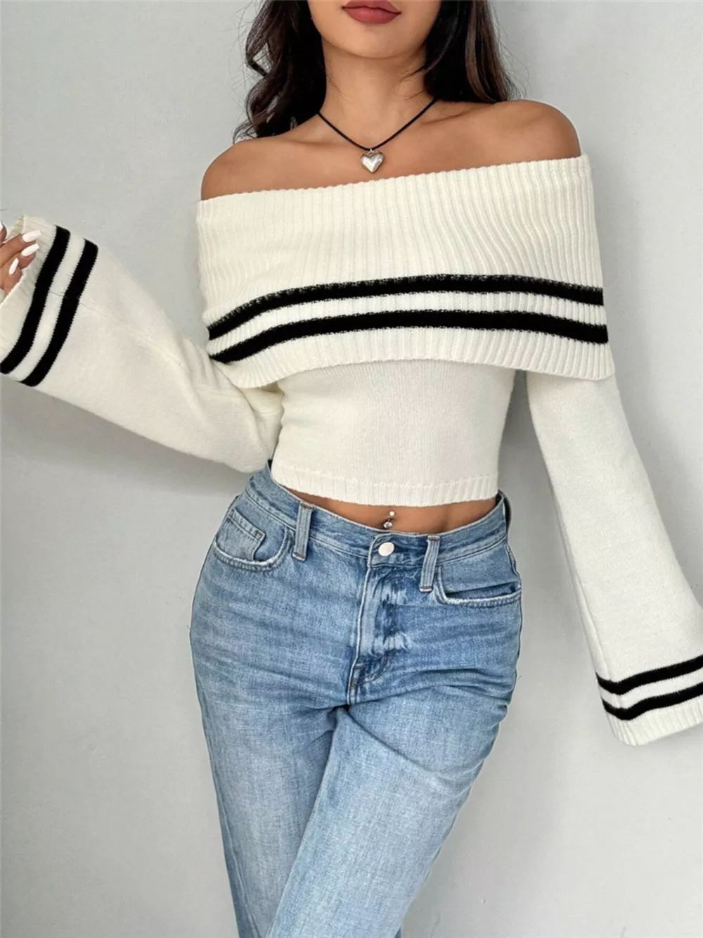 Off-Shoulder Striped Flare Sleeve Sweater, image 5