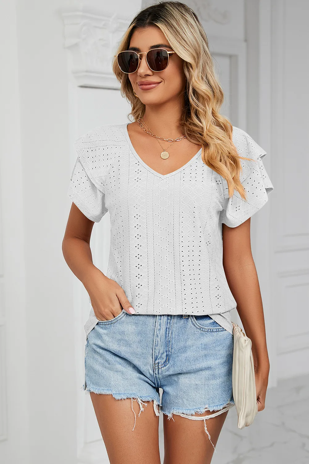 Eyelet V-Neck Short Sleeve T-Shirt, image 6