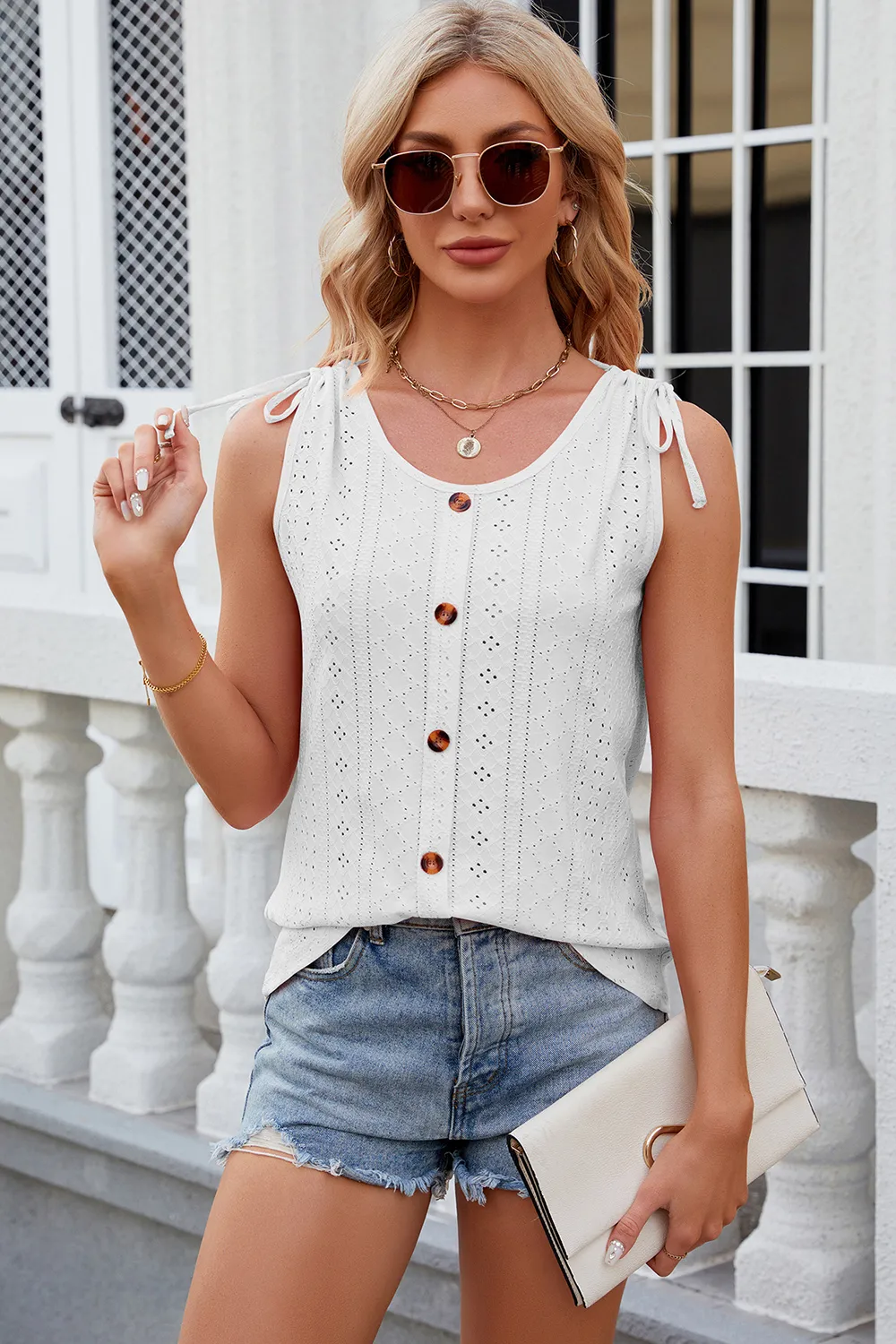 Eyelet Round Neck Wide Strap Tank, image 8