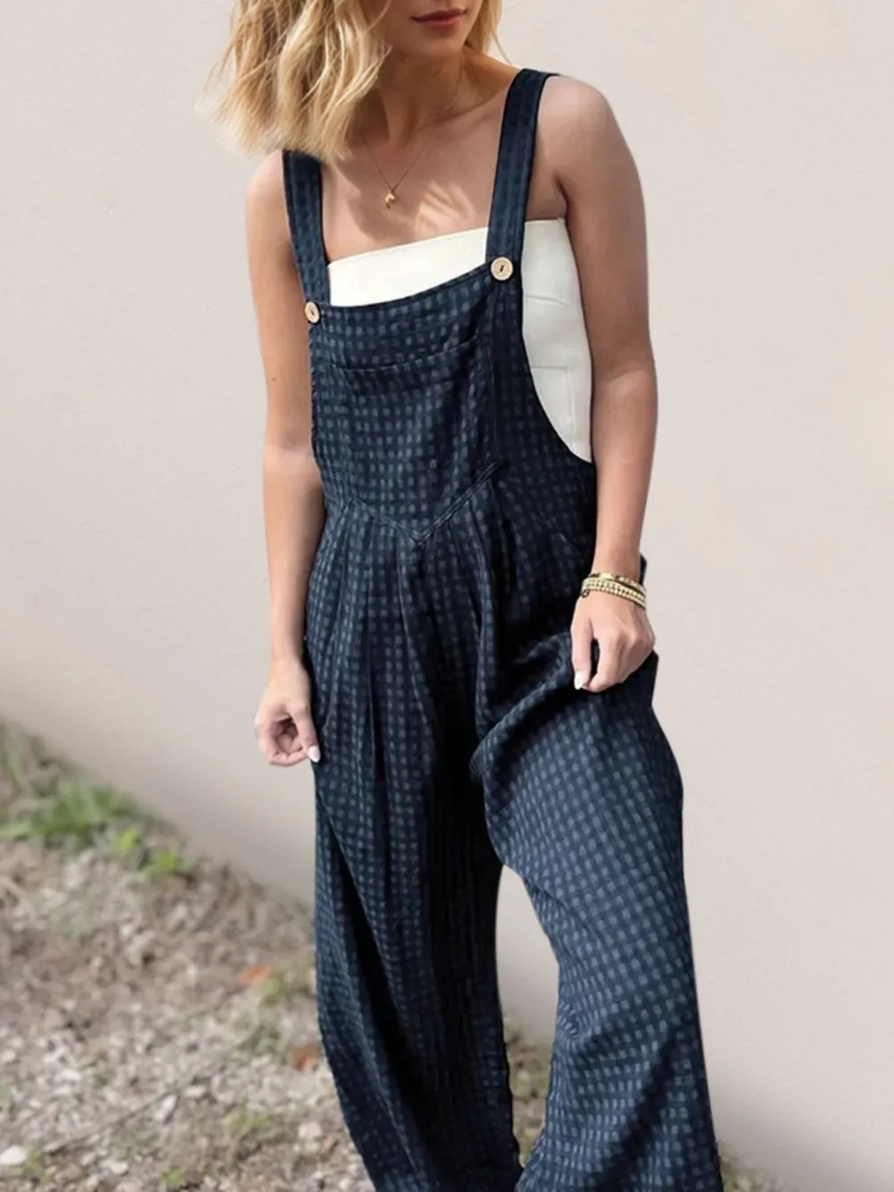 Full Size Plaid Wide Leg Overalls with Pockets