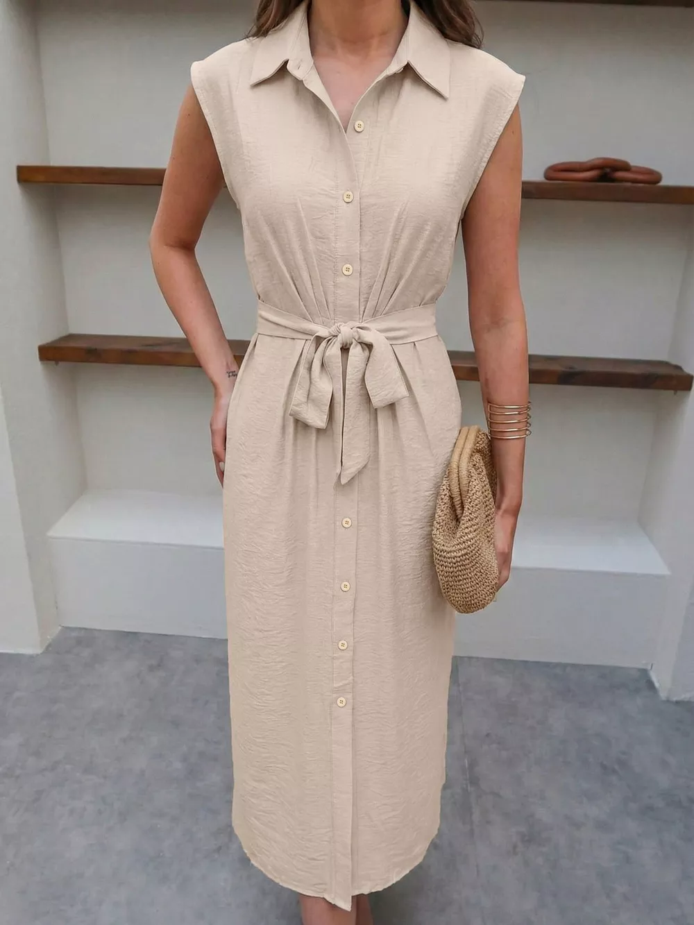 Sleeveless Button-Down Tie Waist Midi Dress, image 2