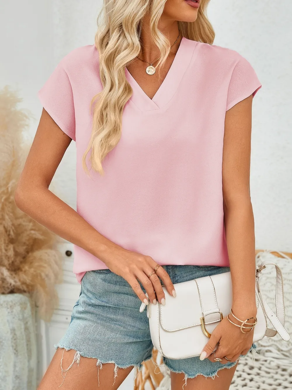 V-Neck Cap Sleeve Blouse, image 2