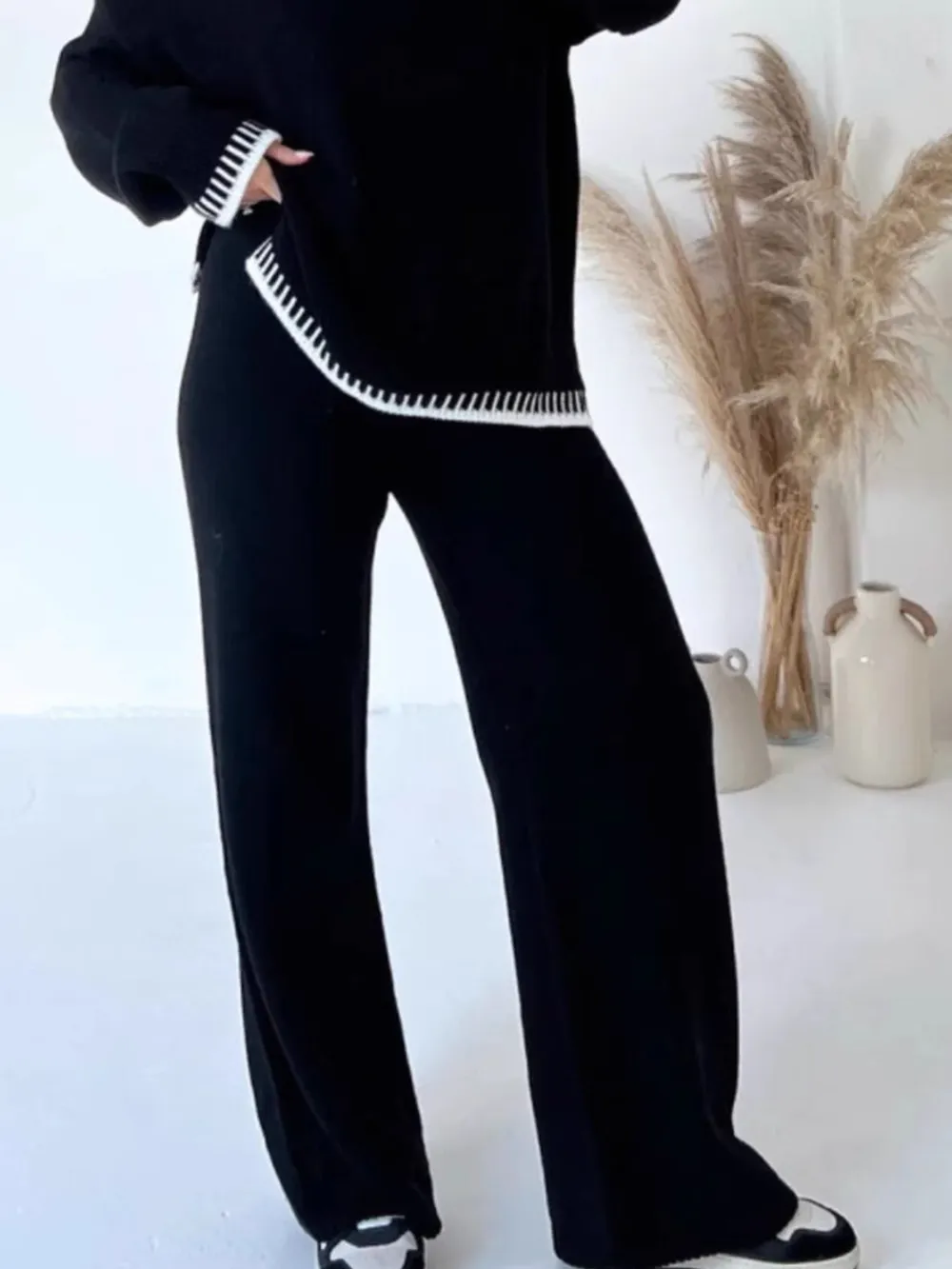 Contrast Trim Round Neck Top and Pants Sweater Set, image 3