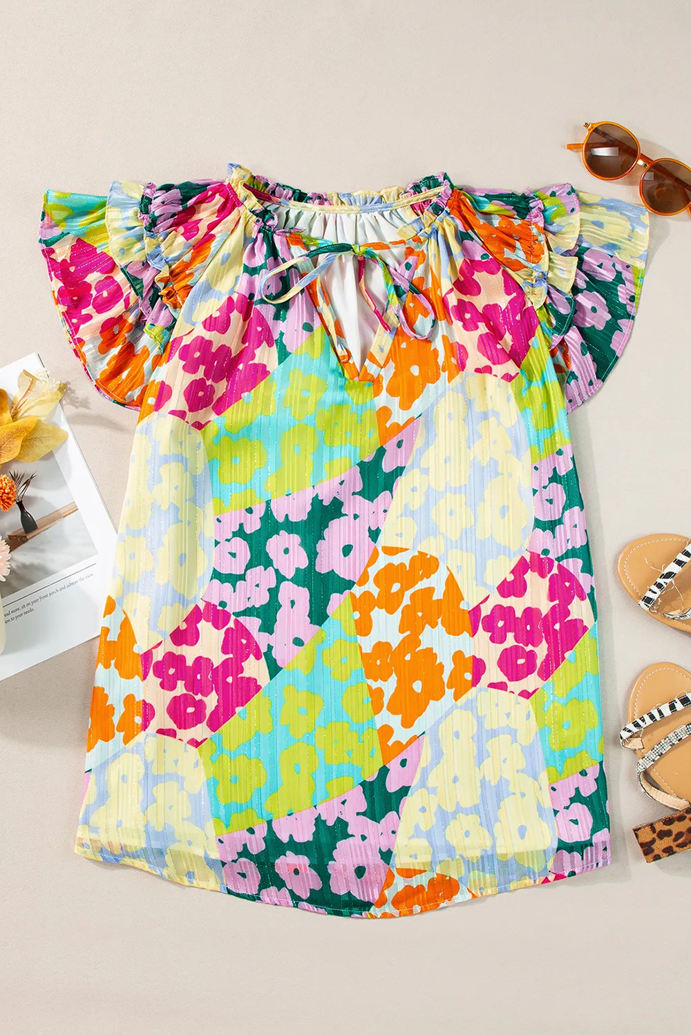 Ruffled Printed Tie Neck Cap Sleeve Blouse, image 3