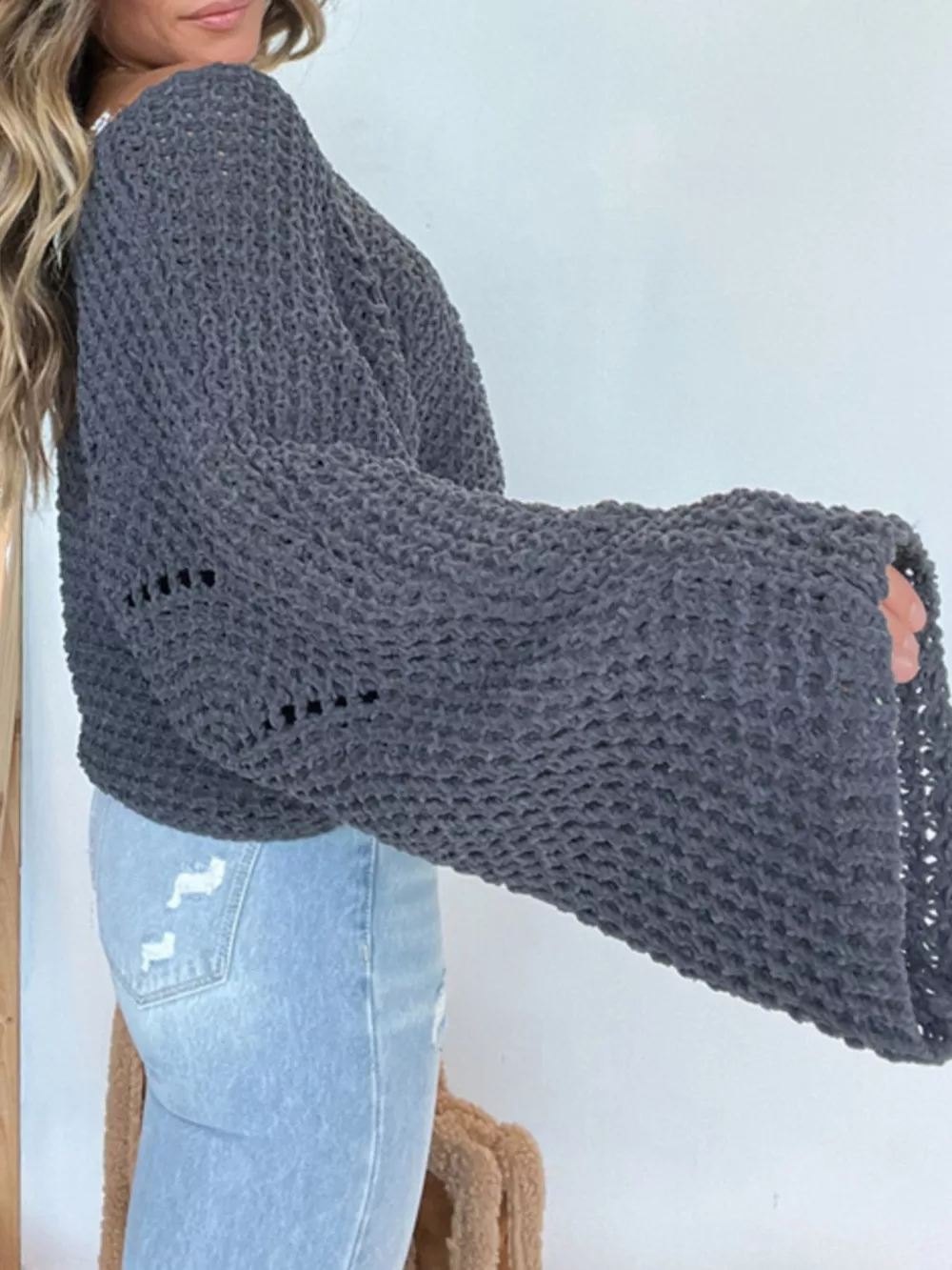 Openwork Batwing Sleeve Sweater, image 7