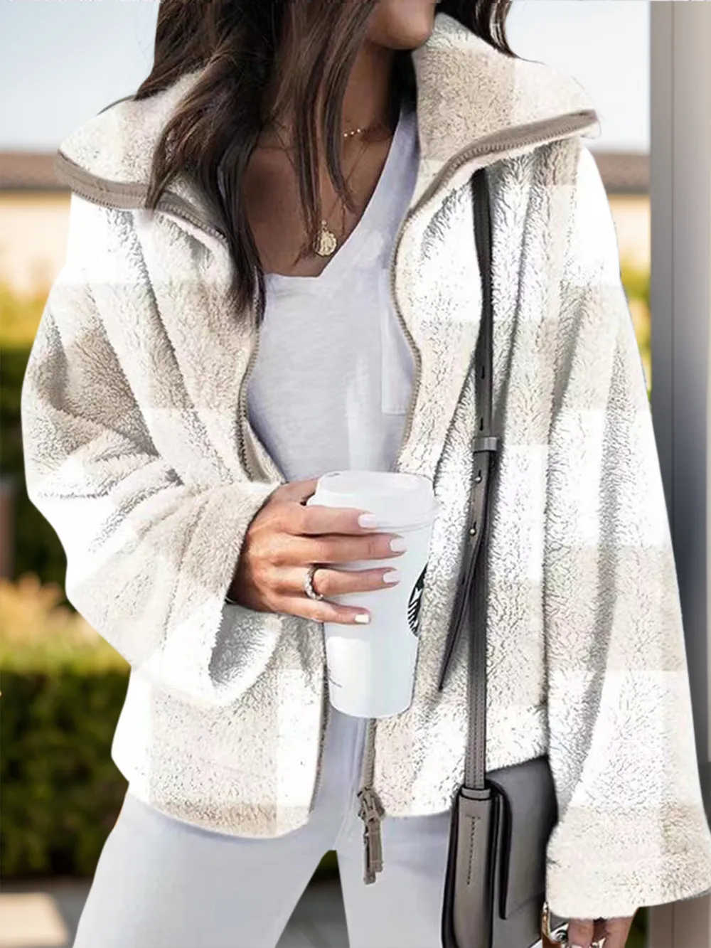 Full Size Plaid Zip Up Long Sleeve Jacket, image 4